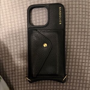Bandolier Black Leather Phone Case with Gold Accents